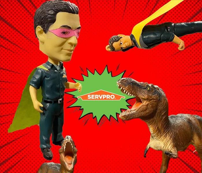 Two SERVPRO action figures wearing superhero gear. Two dinosaurs roaring at the two SERVPRO action figures.